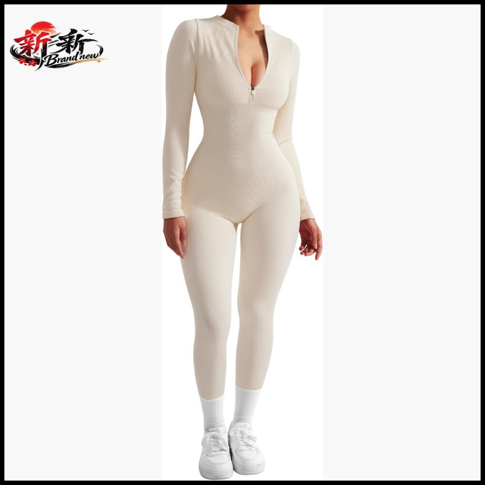 Long Sleeve Ribbed Jumpsuit With Zip Front, Bodycon Romper
